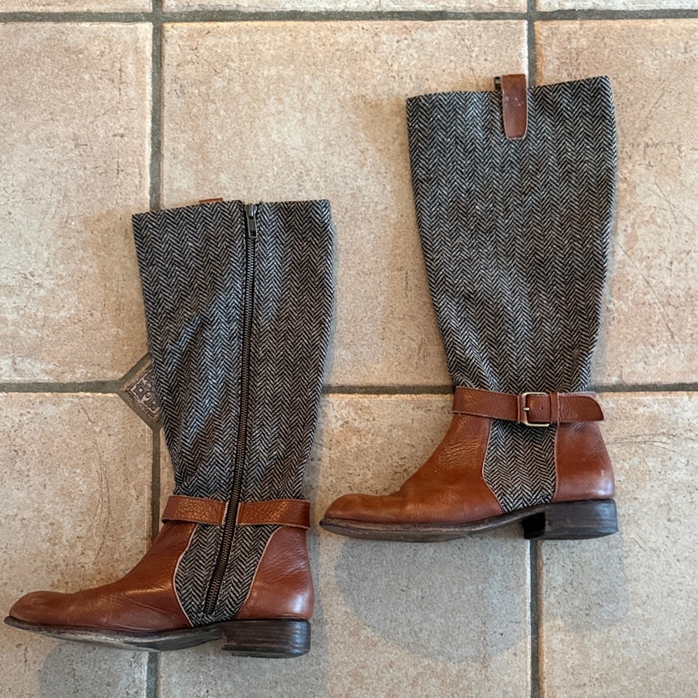 Women’s Anthropologie Schuler & Sons leather & herringbone wool tall boots sz 8